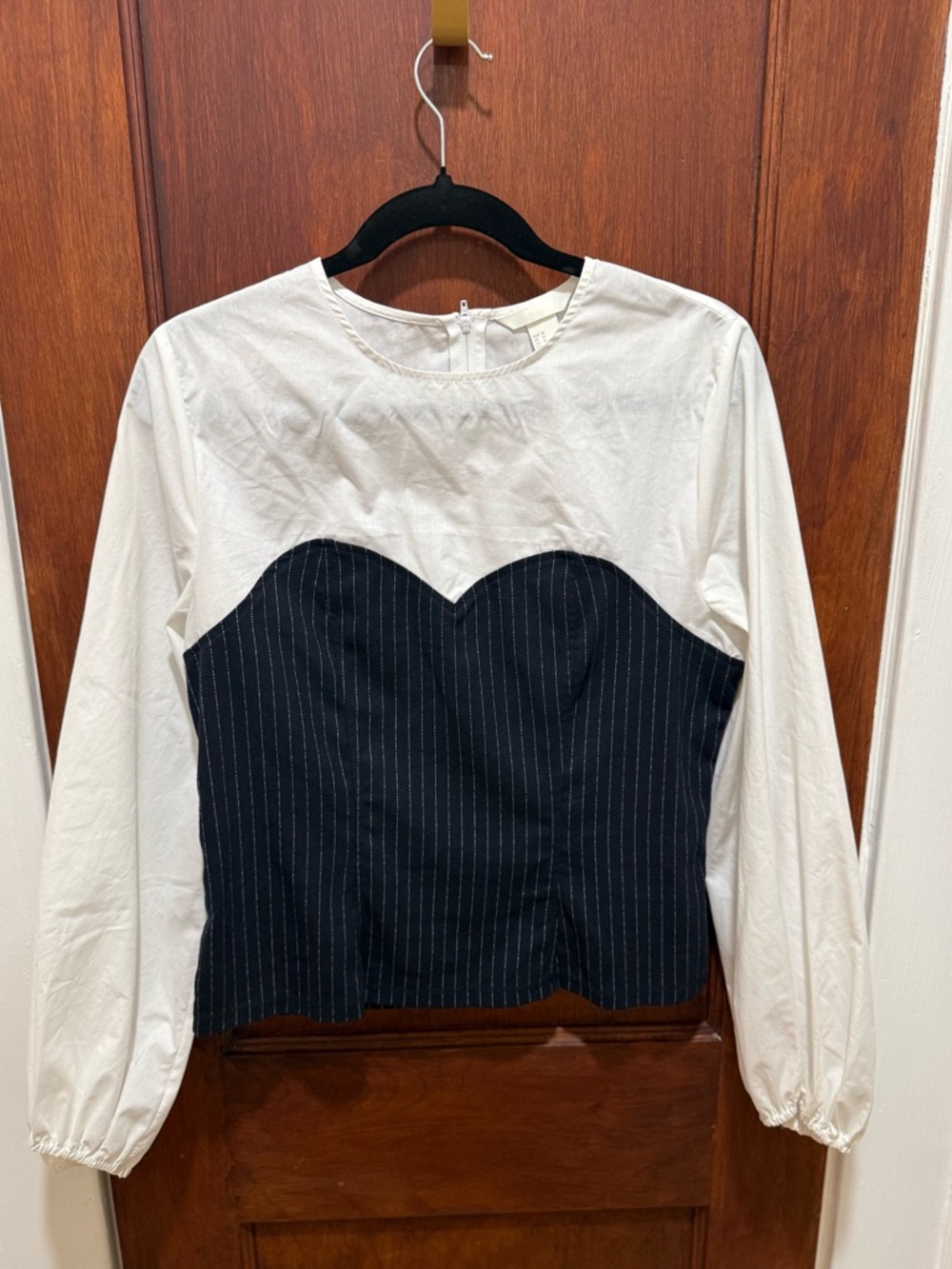 H&M White Long-Sleeve Top with Black Pinstripe Bustier Illusion Panel